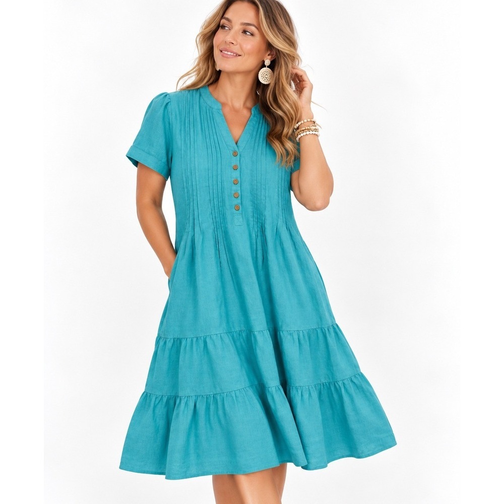 Soft Surroundings Daelia Linen Dress Turquoise Blue Pintuck Tiered 2GV61 Size M